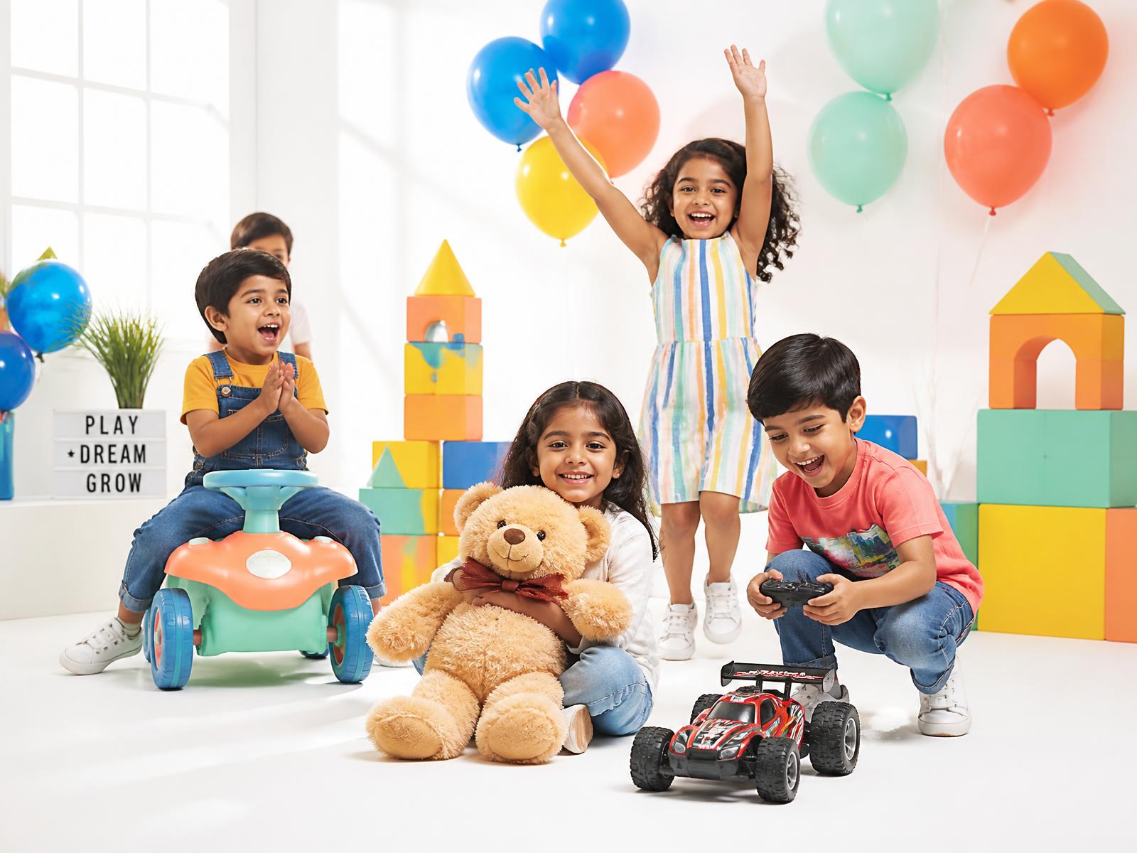 Happy children playing with a teddy bear, ride-on toy and remote control car